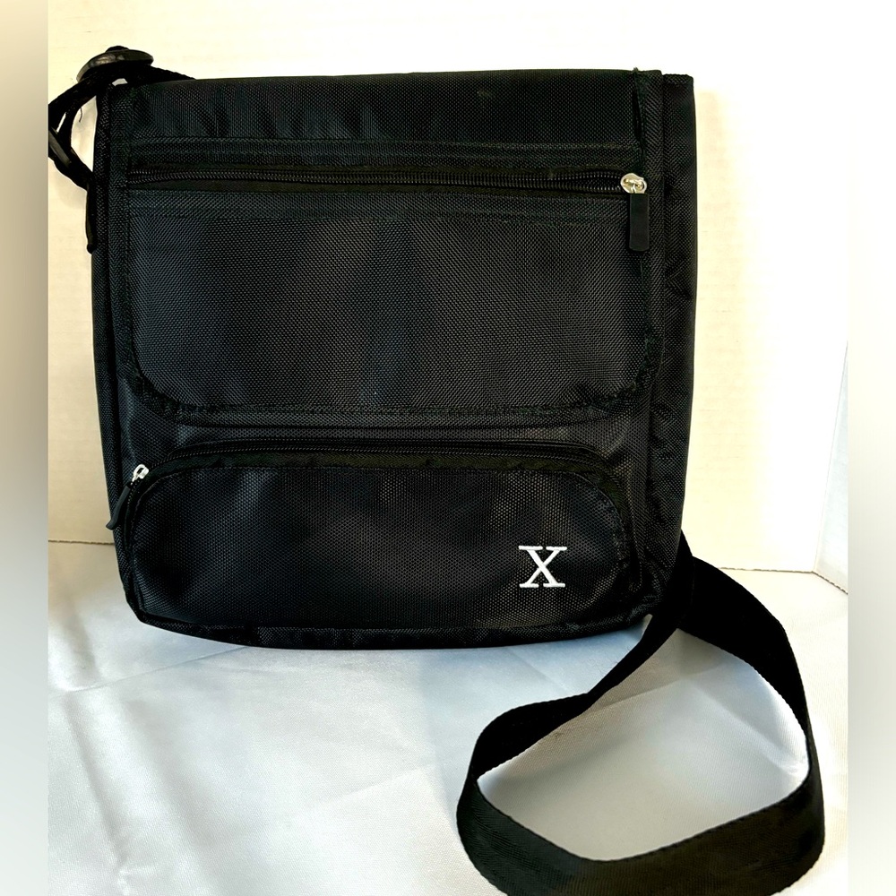 BLACK CANVAS “X” MONOGRAM MESSENGER BAG TWO ZIPPERED POCKETS & TWO LARGE POCKET